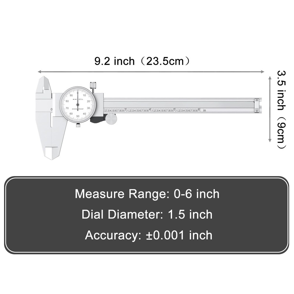 Shockproof Dial Caliper, 0-6 Range, 0.001 Resolution, 4-Way Measurement