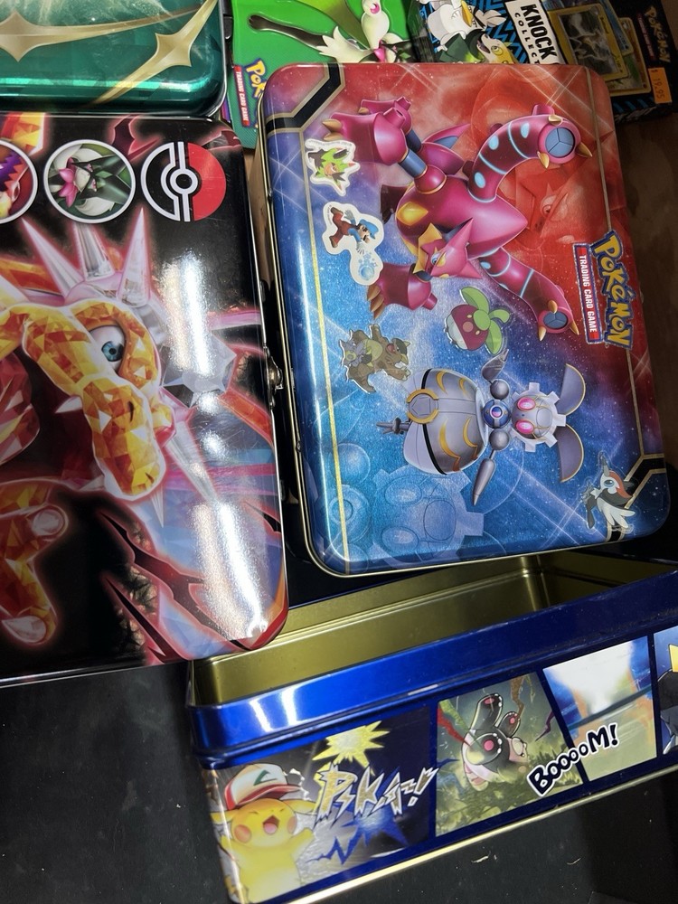 Pokemon Tin Lot Empty Storage Boxes + Mini Tins + Sticker Sheets Bulk