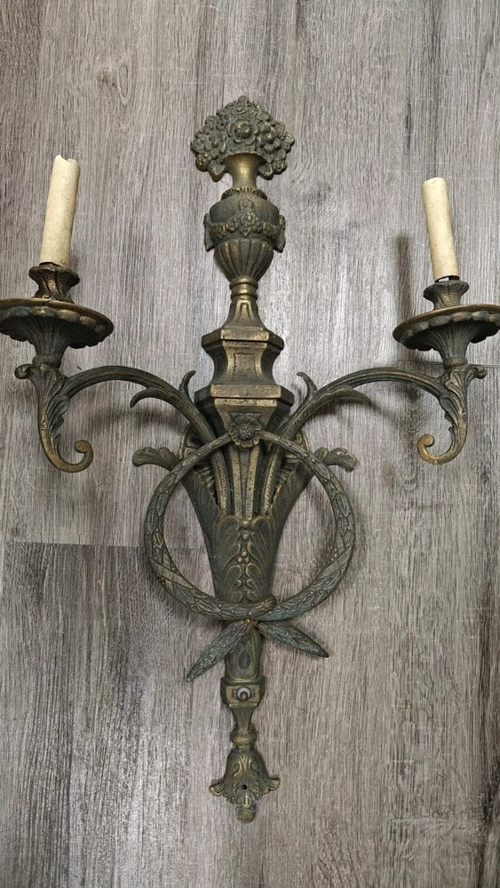 Antique Large 28 Inch High Double Bronze Wall Electrified Sconce