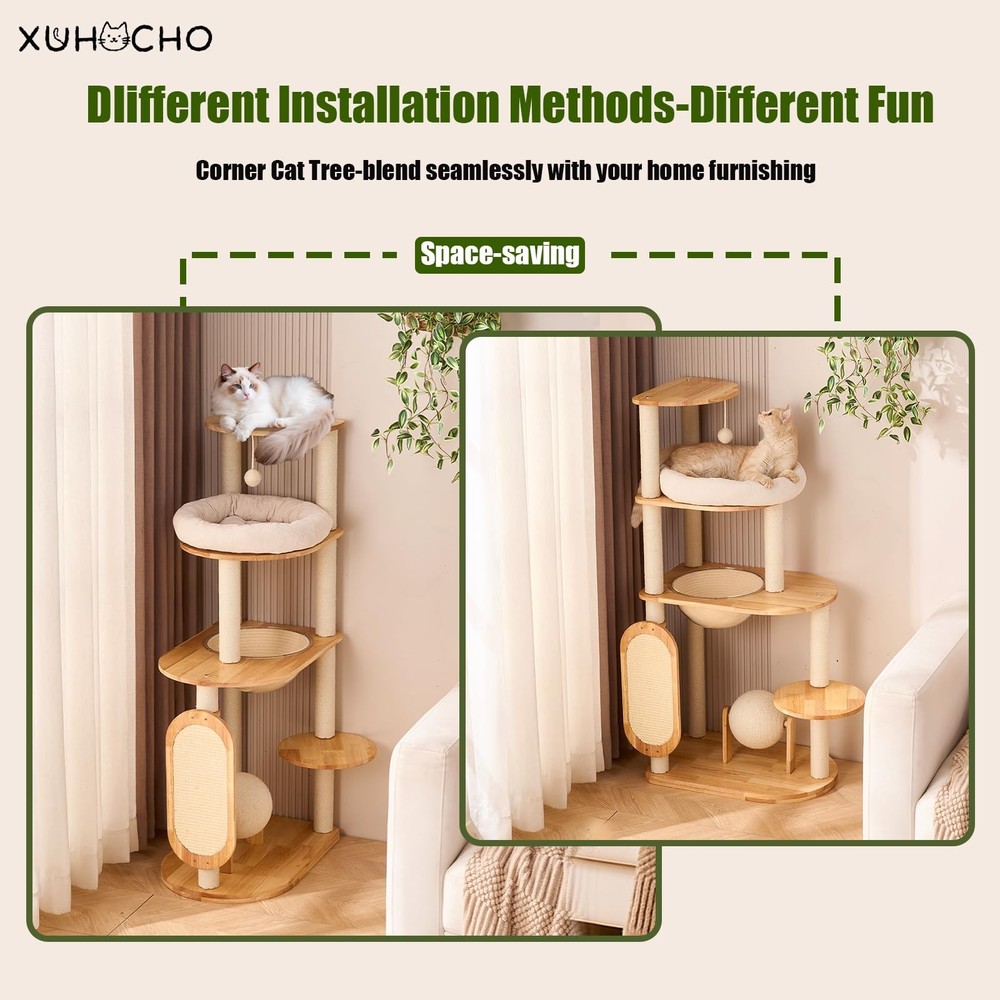 Modern Cat Tree with Scratching Post, Solid Wood Cat Tree Tower for Indoor Ca...