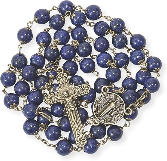 Natural Lapis Lazuli Stone Rosary Beads Necklace St. Benedict Cross and Medal
