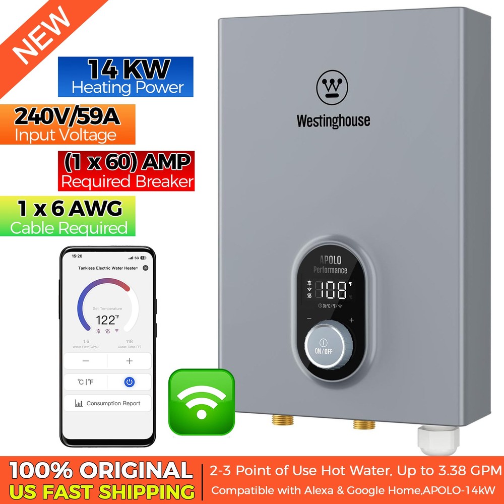 APOLO 14KW Electric Tankless Water Heater Instant Hot Boiler Smart Voice Control