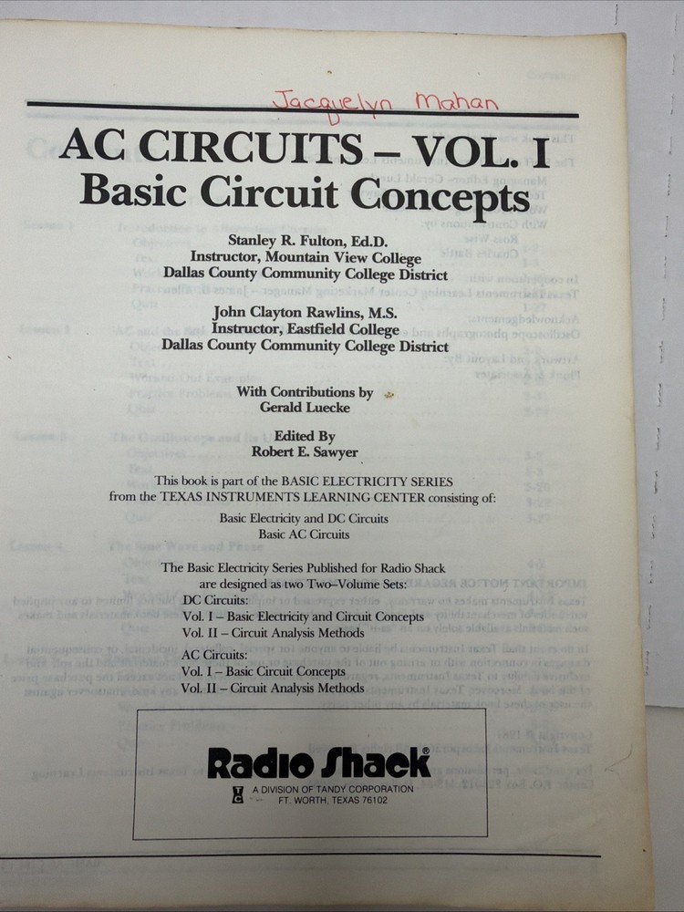 Radio Shack Basic Electricity Series: AC Circuits Vol. I Basic Circuit Concepts