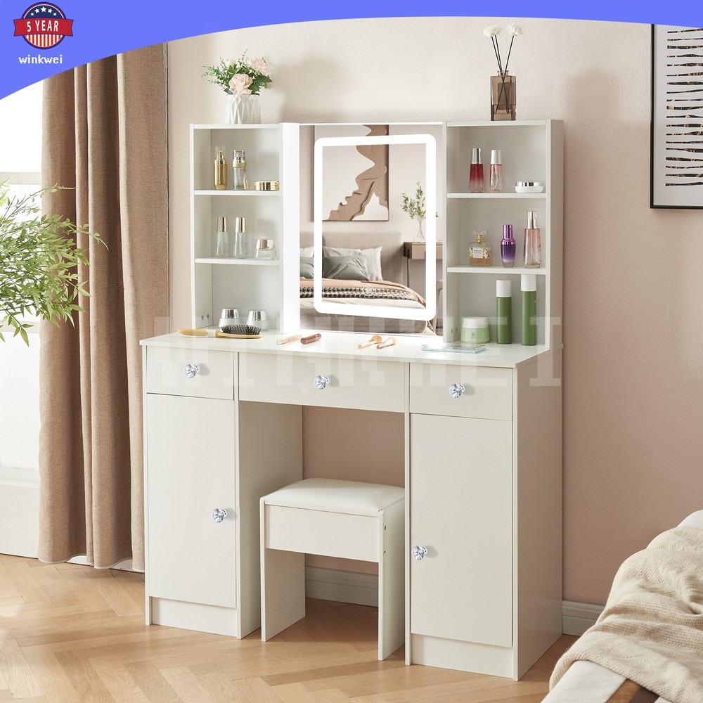 Makeup Vanity Table with Smart LED Mirror 5 Drawers & Crystal Pull Dressing Desk
