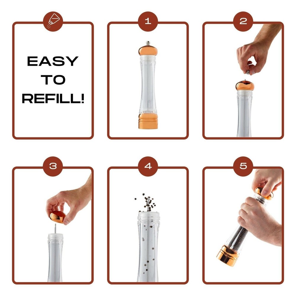 COPPER KITCHEN SALT & PEPPER MILL GRINDER SET MANUAL 2 SHAKERS REFILLABLE