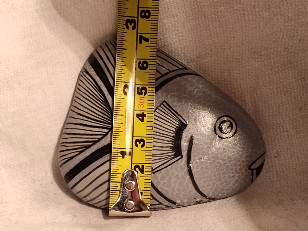 Hand Painted Stone Rock Gray Fish Signed