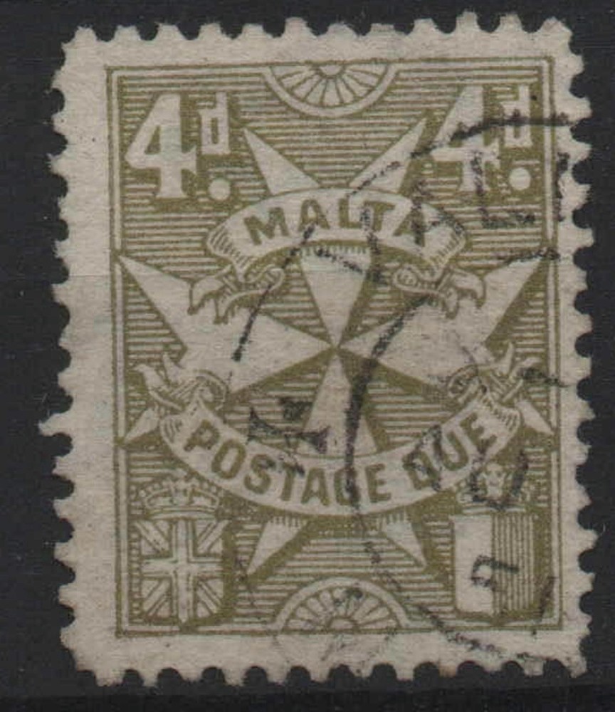MALTA SGD17 1925 4d OLIVE-GREEN POSTAGE DUE USED