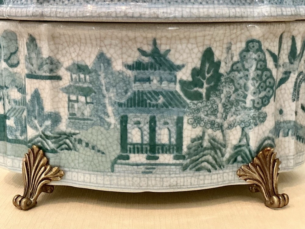 Turquoise Willow Chinoiserie Pattern Lidded Ormolu Oval Shaped Ceramic Box 9 in