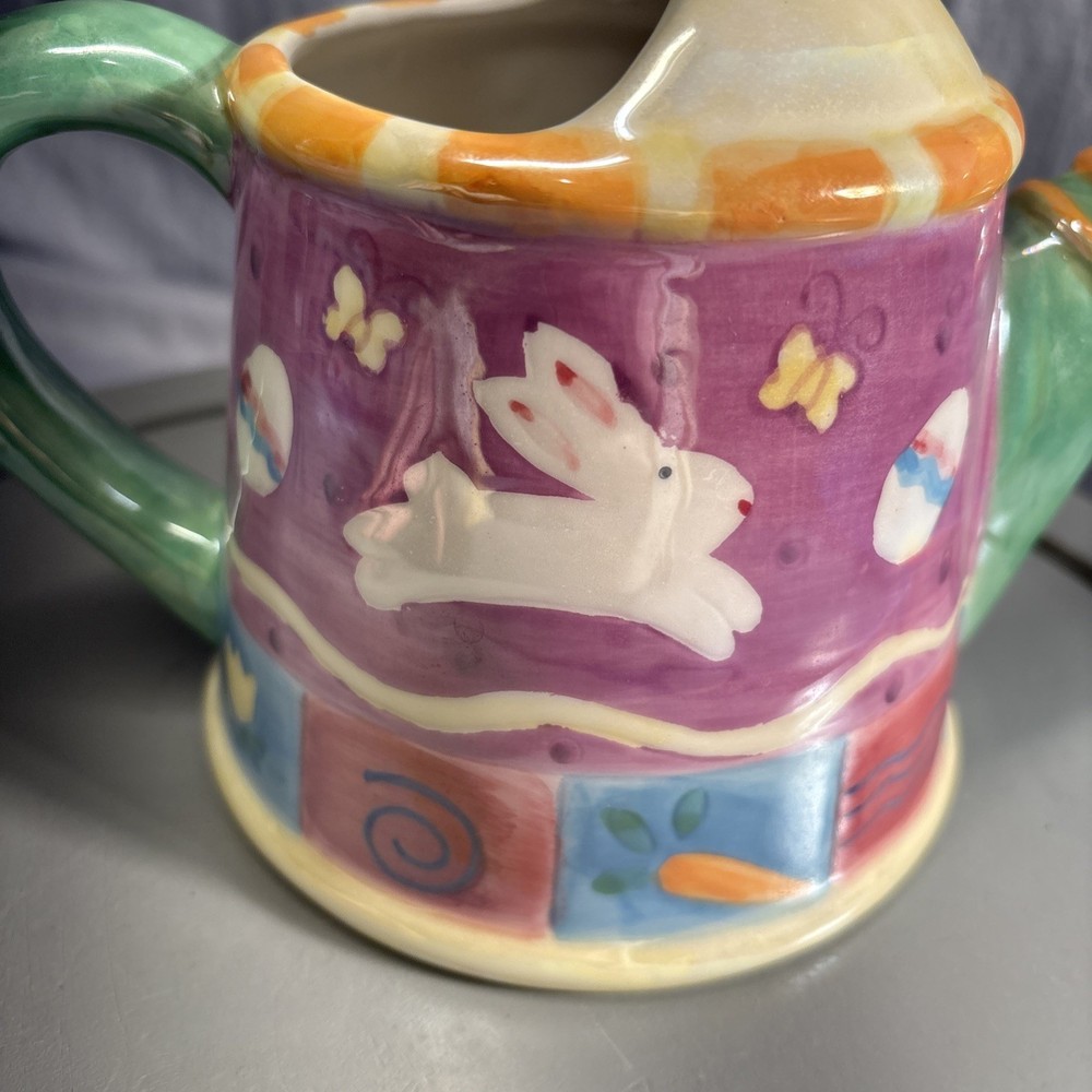 Vtg Watering Can or Planter 6.5" 2000 Palm Tree Ceramic Easter Bunny/Eggs Luster