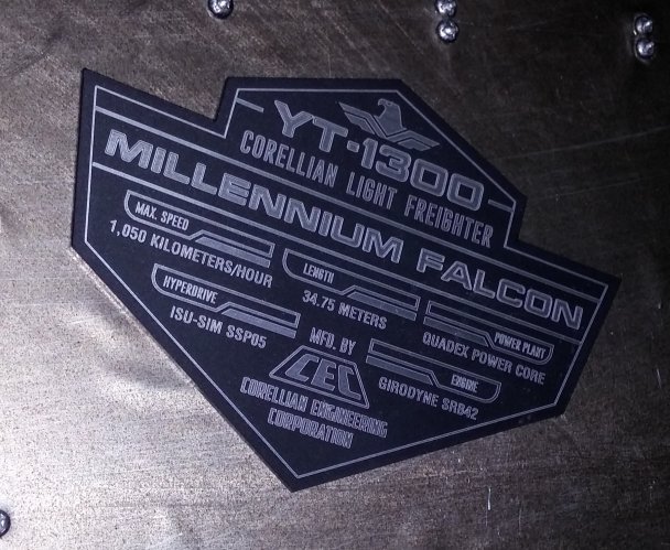 CUSTOM MILLENNIUM FALCON SPECIFICATIONS DATA PLATE PROP STAR WARS SHIP