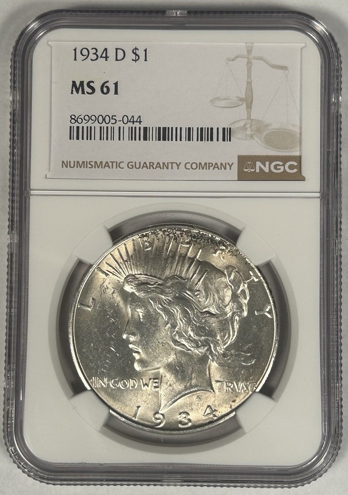 1934 D Peace Silver Dollar Coin NGC MS 61