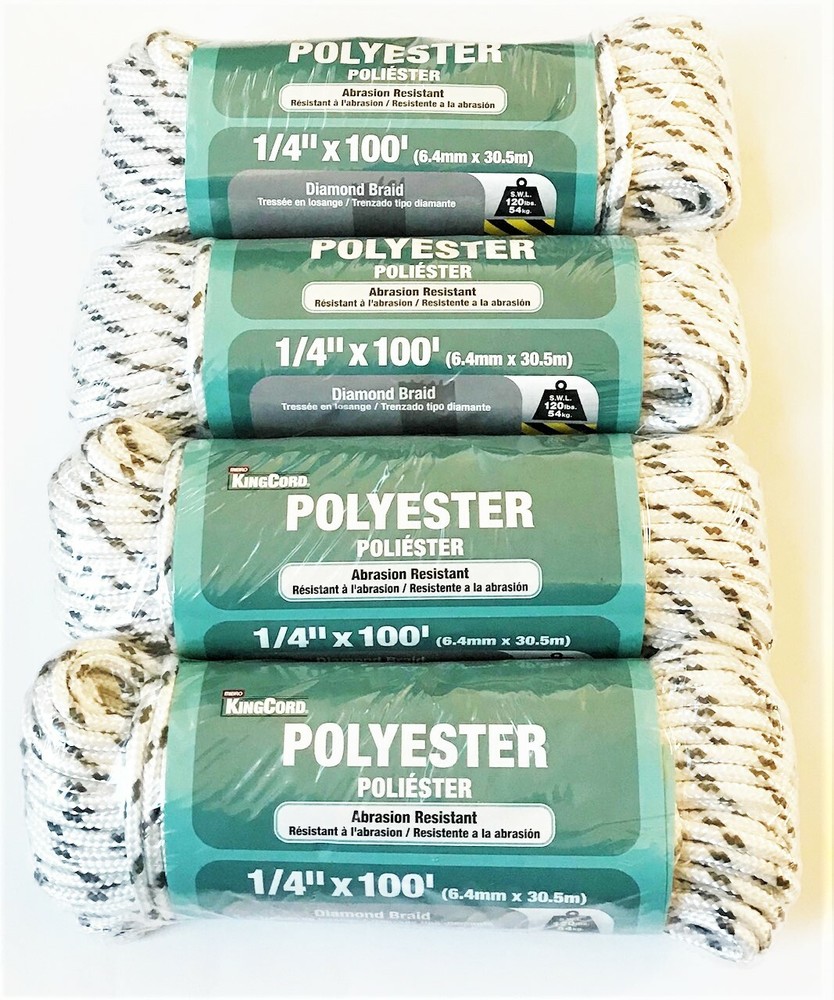 4 KINGCORD 1/4" X 100" DIAMOND BRAID POLYESTER GRAY/WHITE PULL STARTER ROPE