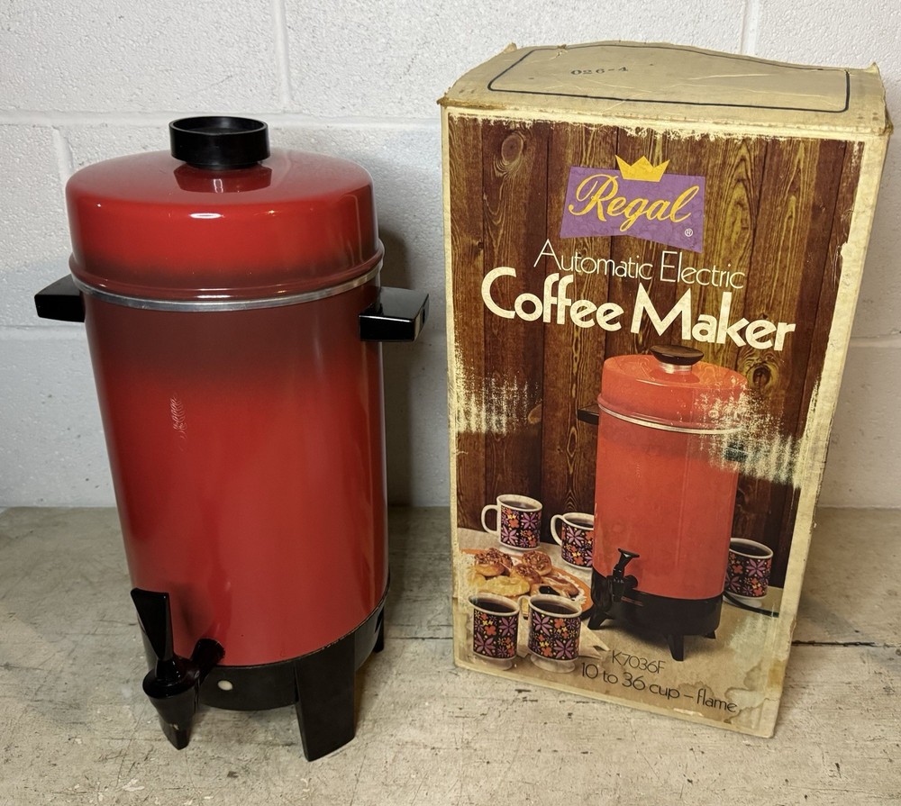 Vintage REGAL 7036 COFFEE MAKER Automatic PERCOLATOR Pot 36 cup Flame Red Box
