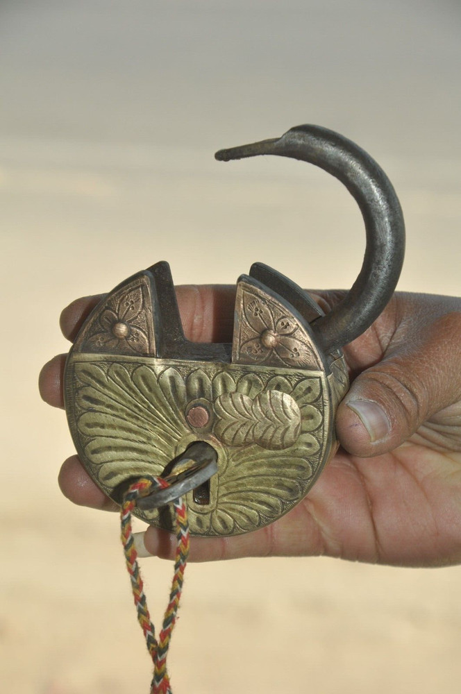 Vintage Iron Round Engraved Handcrafted Brass Fitted Solid Padlock