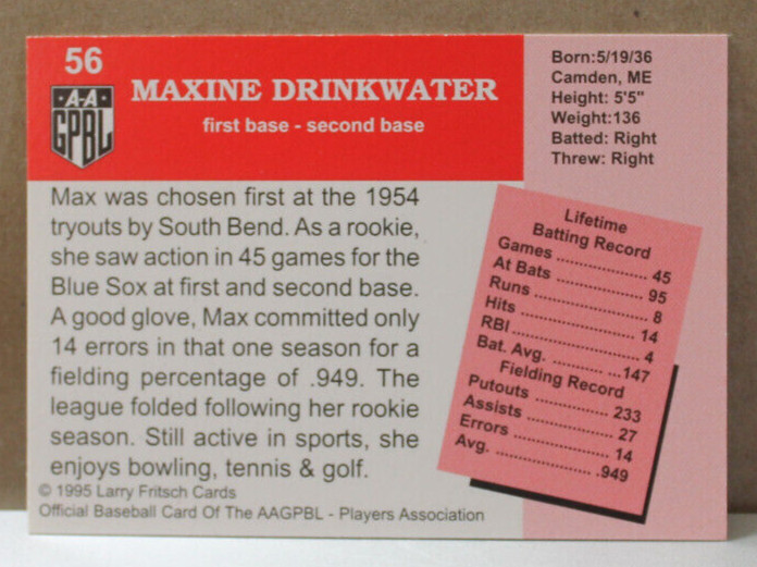 AAGPBL "MAXINE DRINKWATER" SIGNED CARD #56