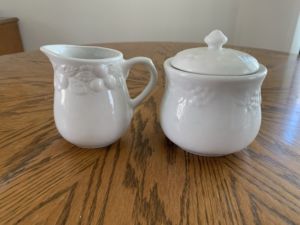 Gibson Cream & Sugar Set, White With Embossed Fruit Design, Ceramic, EUC