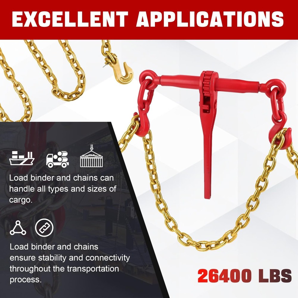 2pcs Ratchet Load Binders, 5/16"-3/8" Chains and Binders Kit ,Grab Hooks