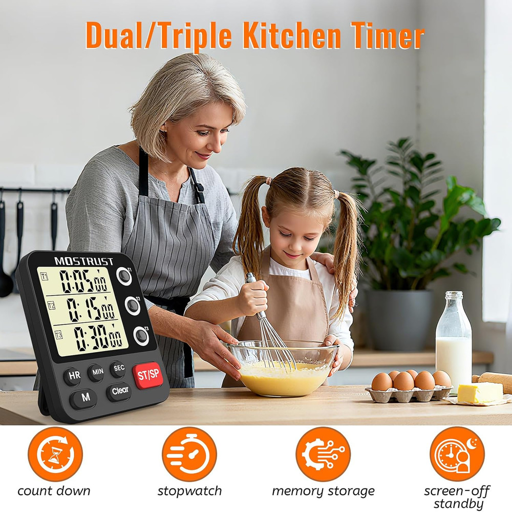Digital Dual Kitchen Timer 3 Channels Triple Countdown Timer for Cooking Display
