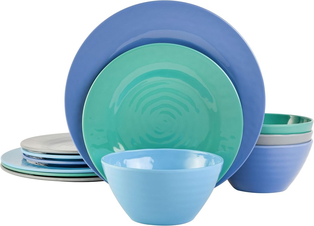 Brist Melamine Plastic Dinnerware Set Service Four 12pcs Blue