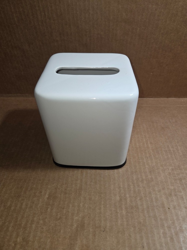 Tissue Box Cover White Square Black Bottom Trim