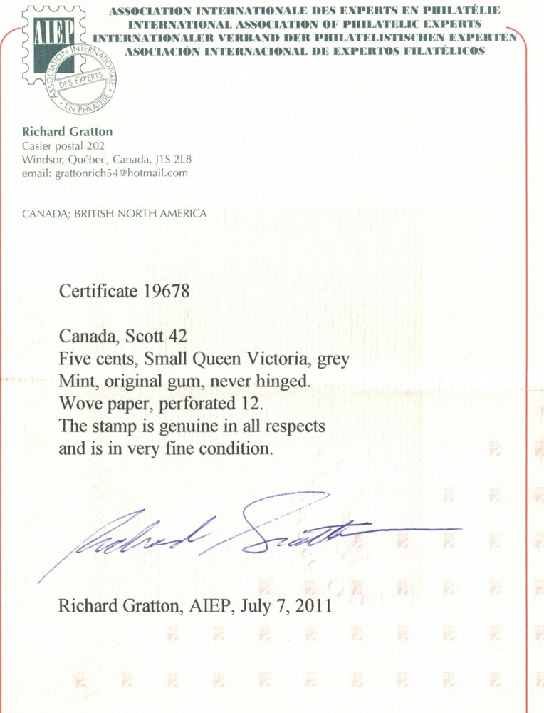 Canada #42 Very Fine Never Hinged **With Certificate**