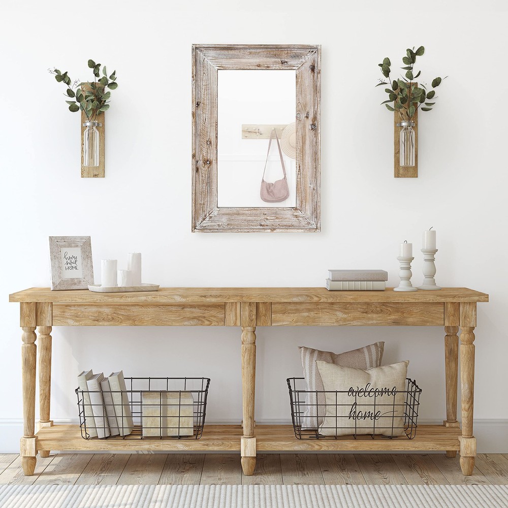 EMAISON 36x24" Rustic Wood Frame Vanity Mirror - Wall Mount, Distressed White