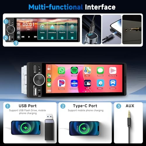 Upgrade Single Din Car Stereo, Wireless CarPlay Android Auto, 6.28'' Single