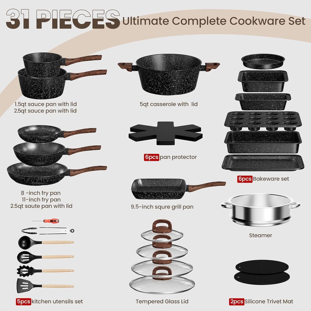 Pots & Pans Set Non Stick 31 Piece Kitchen Induction Cookware & Bakeware Set