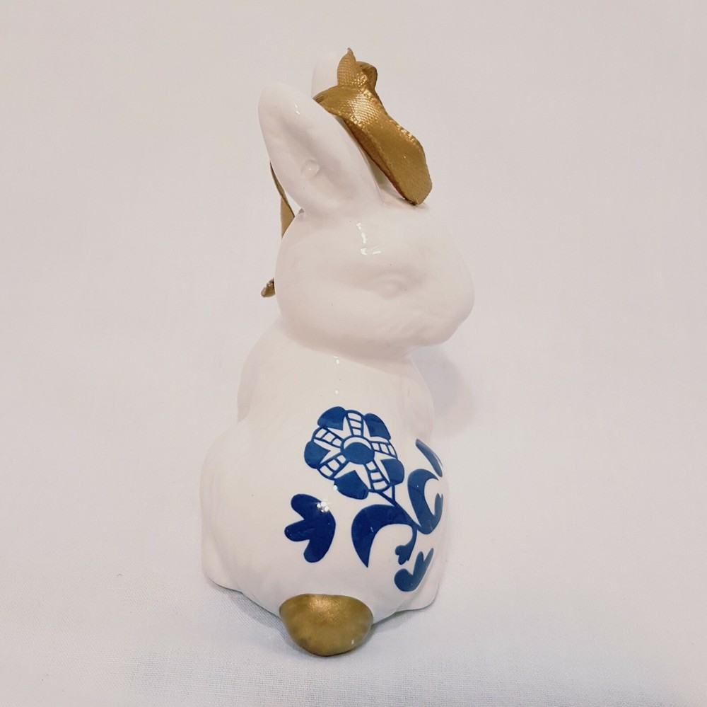White Rabbit Blue Flower Ornament 3" Bunny Easter Ceramic