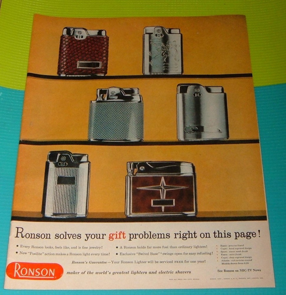 1957 PRINT AD RONSON CIGARETTE LIGHTERS Solves Your Gift Problems Christmas