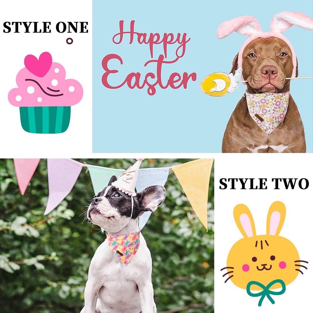 2 Pack Easter Dog Bandanas Egg Print Triangle Reversible Rabbit Carrot Large