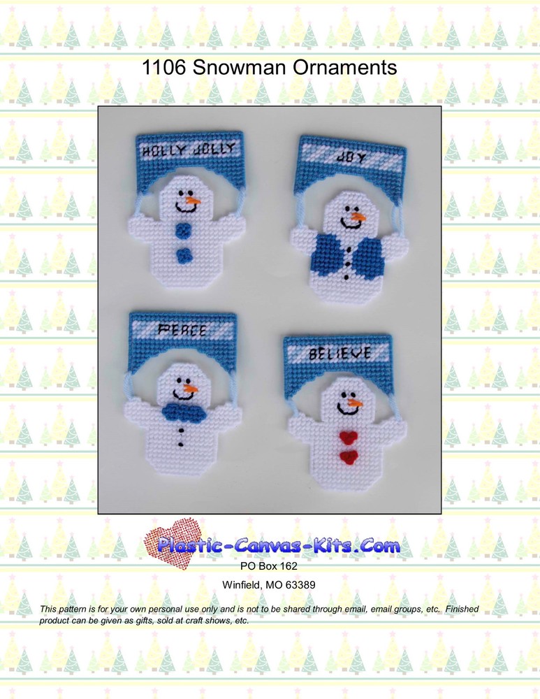 Snowman Christmas Ornaments-Plastic Canvas Pattern or Kit
