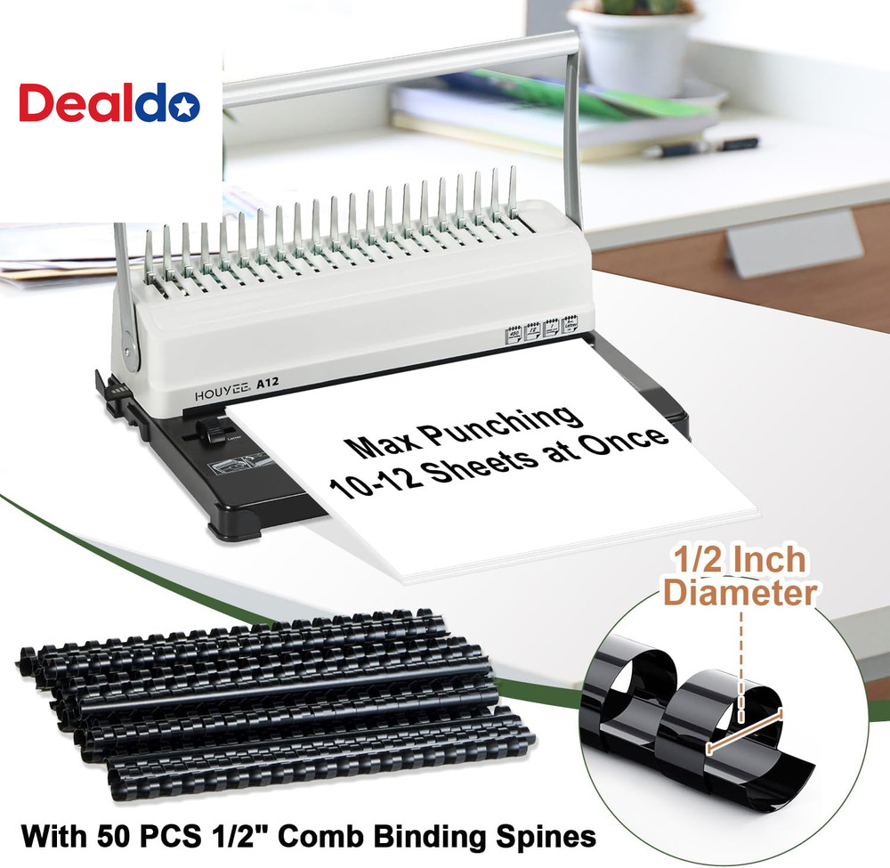 Binding Machine, 19 Holes, 450 Sheets, Comb Binding Machines with 50 PCS 1/2" Co