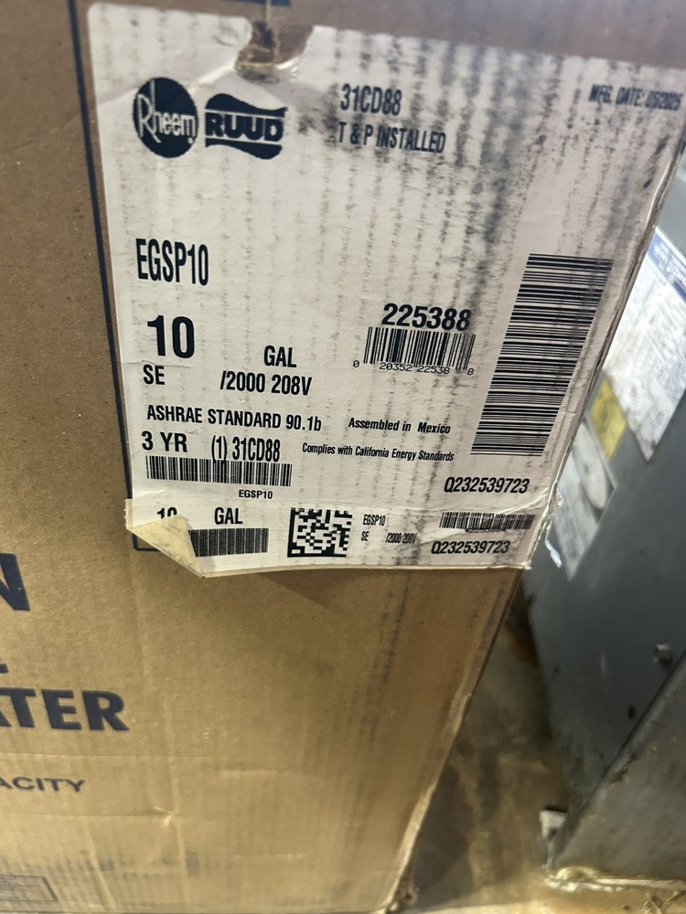 Rheem Egsp10 10 Gal, 208V, 21.6 A Amps, Commercial Mini Tank Water Heater