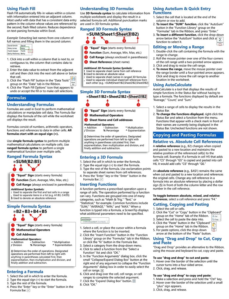 Excel 2019 Training Guide Quick Reference Card 4 Page Cheat Sheet Instructions