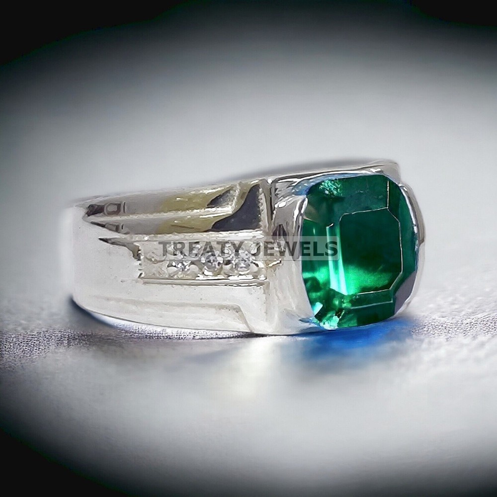 Emerald Cushion Cut Gemstone With 14K Solid White Gold Ring For Men's #547