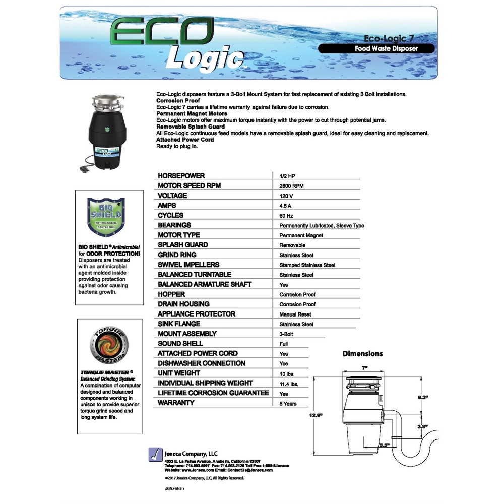 Eco Logic 1/2 HP Continuous Feed Garbage Disposal with Cord, Anti-Jam and Quiet
