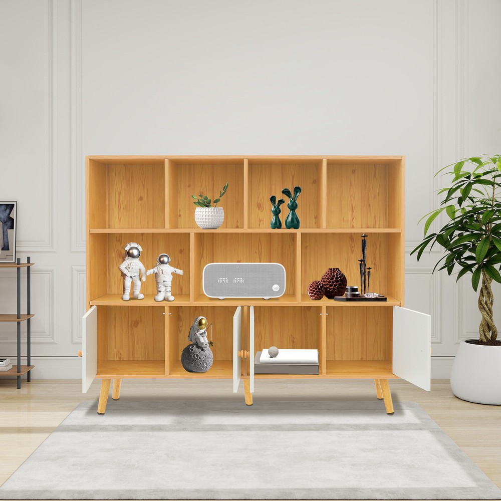 Open Bookshelf with Solid Wood Legs, Standing Open Bookshelf with 11 Compartment