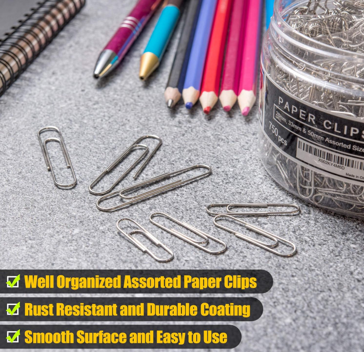 750 Paper Clips Assorted Sizes Small, Medium and Large Sizes, Silver