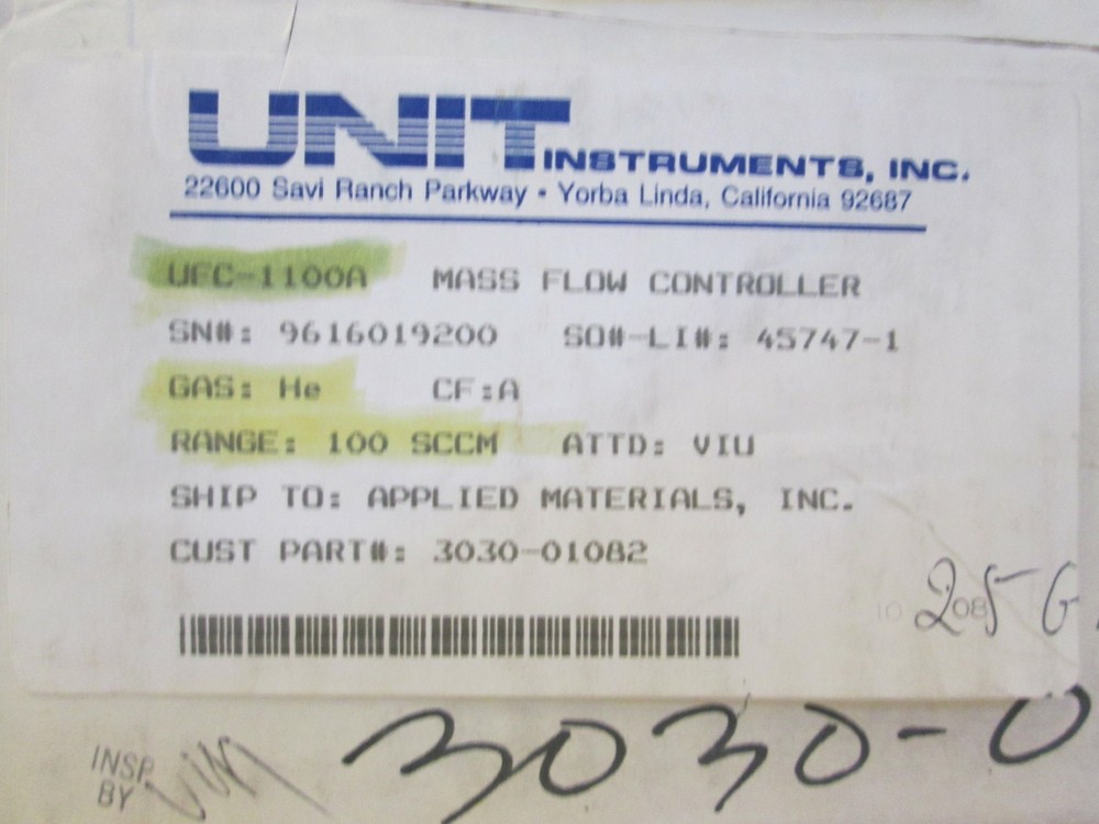 Unit UFC-1100A Mass Flow Controller, He, 100 SCCM, Refurbished