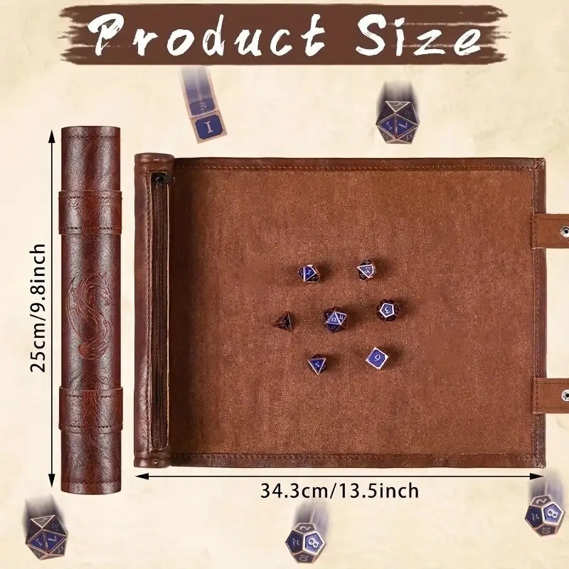 2 Pieces Dice Mat Tray Rolling Mat with Zipper PU Leather Folding Scroll Dice Ba