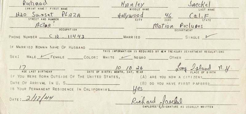 RICHARD JAECKEL - DOCUMENT SIGNED 02/17/1944