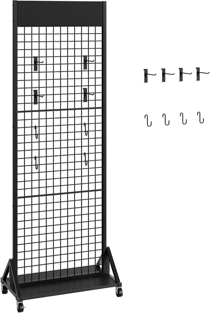 Floor Standing Grid Wall Display Rack with Hooks - Black 2' x 5.7