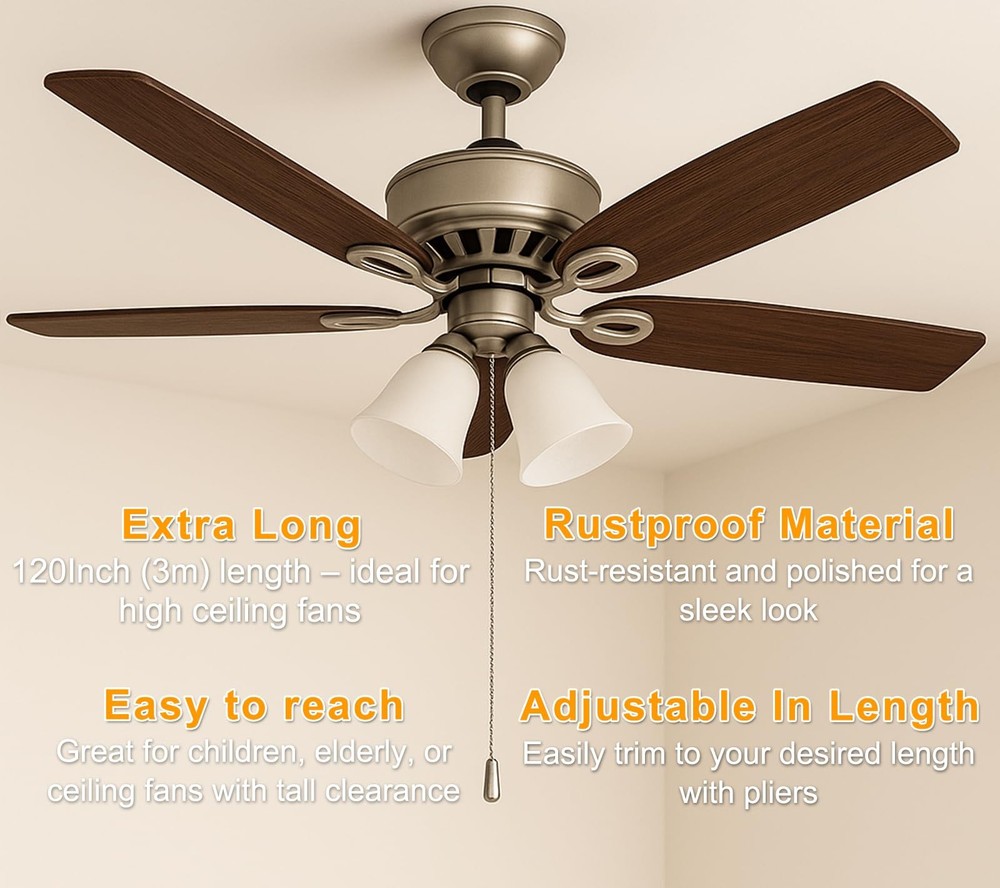 120" Ceiling Fan Pull Chain Extender - Ball Chain with 12 Connectors, Adjusta...