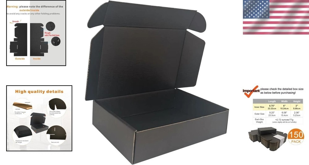 Heavy Duty 9x6x2" Black Shipping Boxes - 150pc Bulk, Secure & Easy Fold Mailers