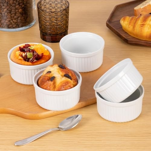 Souffle Ramekins: 4oz 6 Pieces Ceramic Baking Ramekin Set Oven Safe 4 OZ White