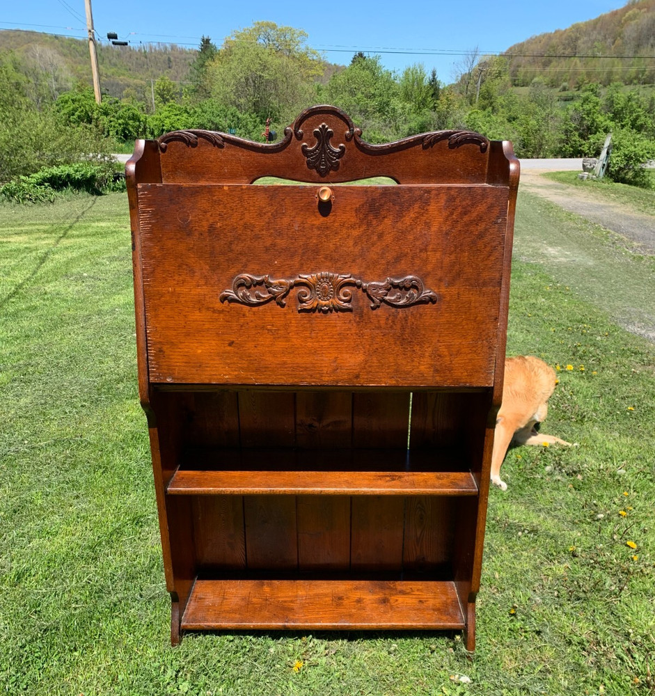 Antique Secretary Desk Solid Oak Pull Down, Bottom Drawer Book Shelf Board Bat