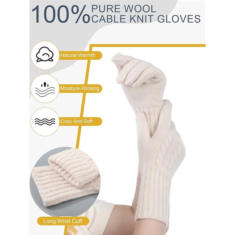 Warm Wool Gloves Touchscreen Compatible Cable Knit Ribbed Cuffs Winter Use
