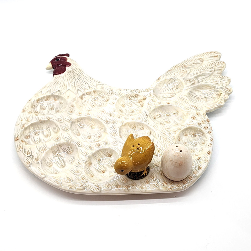 Warren Kimble Deviled Egg Dish With Bird & Egg Salt Pepper Shakers Excellent