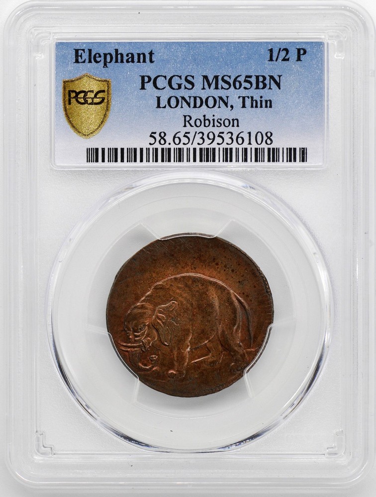 ELEPHANT LONDON, THIN 1/2 P PCGS MS 65 BN